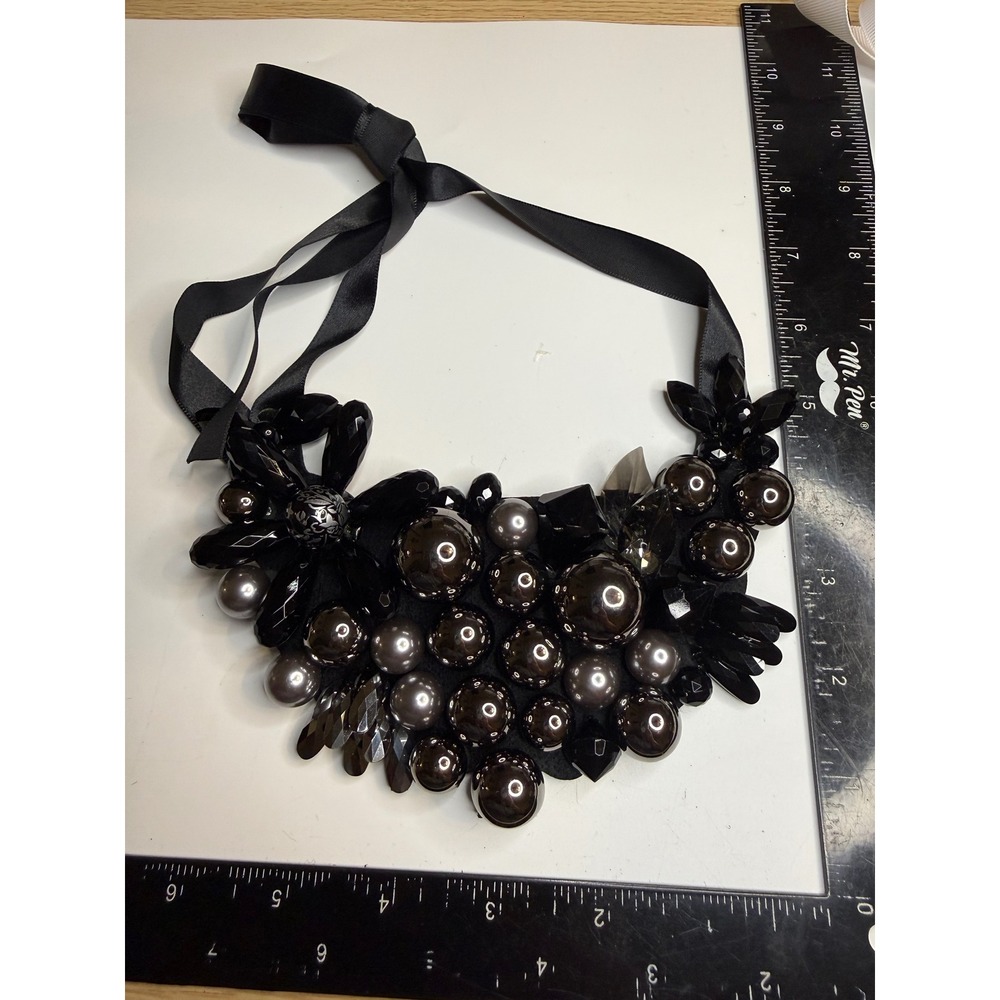 Black Statement Bib Necklace Faux Pearl Crystal Cluster Ribbon Tie Adjustable